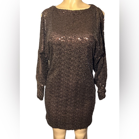 Lauren Ralph Lauren Sequin Evening Dress Brown Mid Shoulderless - Picture 4 of 11